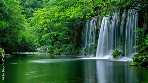Beautiful Spring Green Natural Landscape with Waterfall: A Perfect Tourism Destination. Enjoy the Serenity and Beauty.