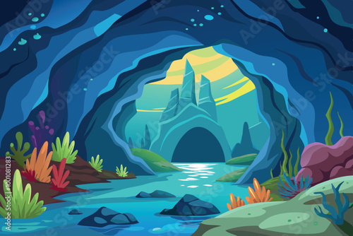 Sunlight entering a cave with water and rocks on a clear day