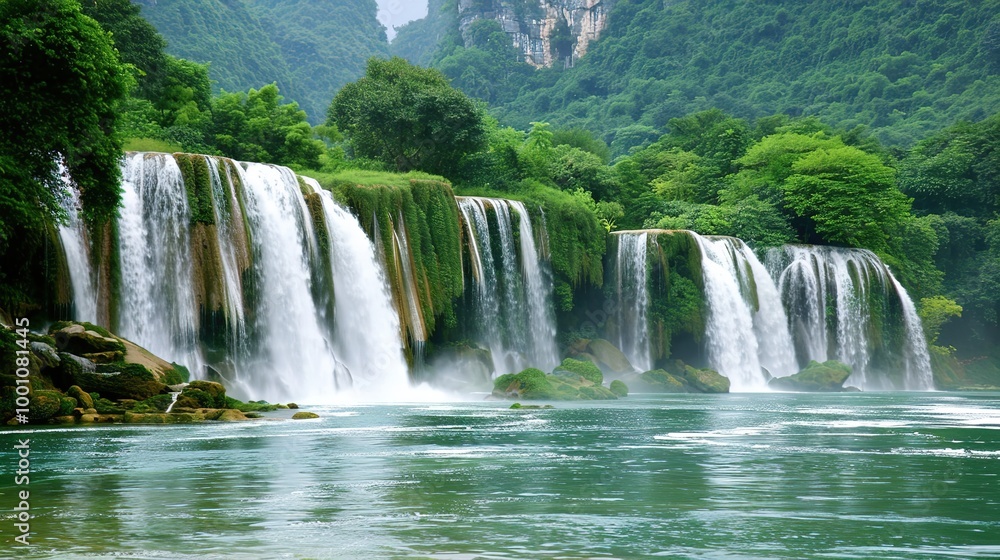 Beautiful Spring Green Natural Landscape with Waterfall: A Perfect Tourism Destination. Enjoy the Serenity and Beauty. Beautiful Spring Green Natural Landscape with Waterfall: A Perfect Tourism Destination. Enjoy the Serenity and Beauty.