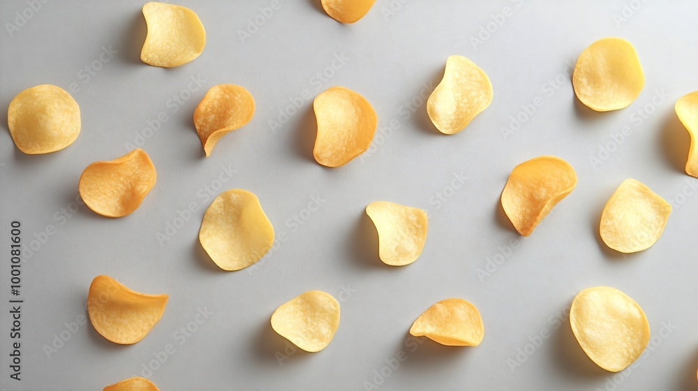 Top view image of potato chips spread out on a gray background, creating a visually appealing pattern. The chips' golden color pops against the neutral backdrop Top view image of potato chips spread out on a gray background, creating a visually appealing pattern. The chips' golden color pops against the neutral backdrop
