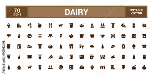Dairy icons collection. Beverage flat set of dairy vector icons for ui design. Filled icon set, Solid icon pack. Vector illustration.