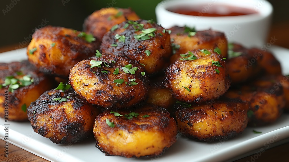 Close-up of crispy fried potato bites with parsley and dipping sauce on a white plate. Close-up of crispy fried potato bites with parsley and dipping sauce on a white plate.