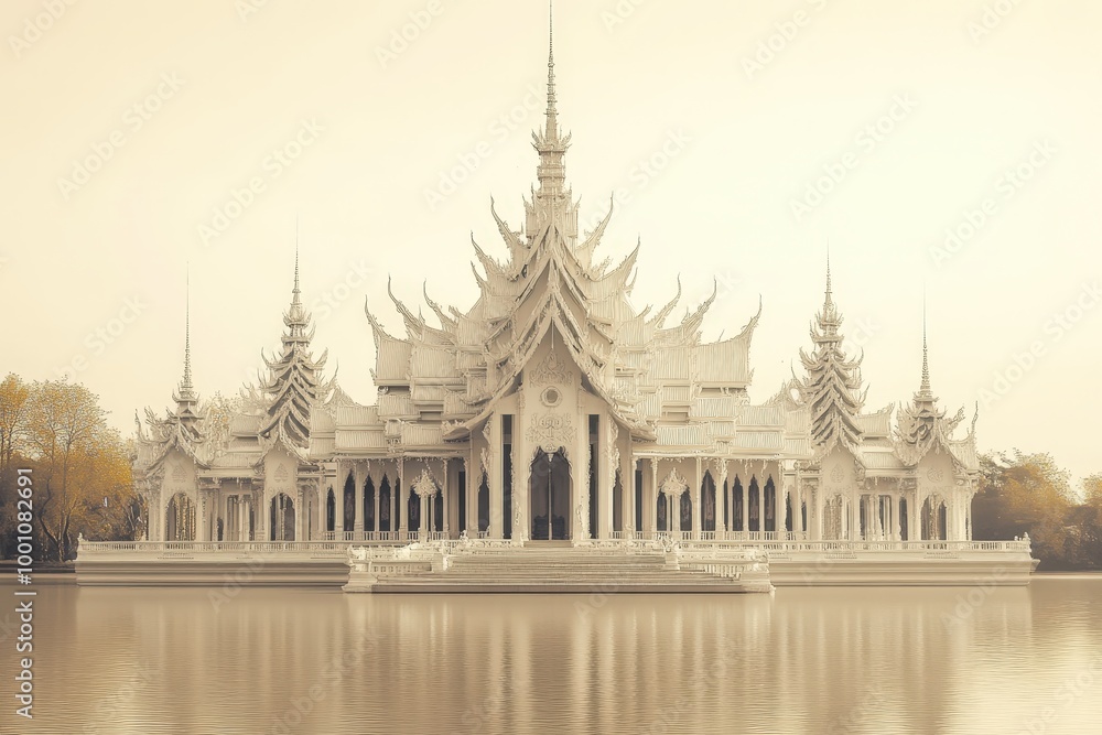 Fototapeta premium Ornate buddhist temple reflected in serene lake