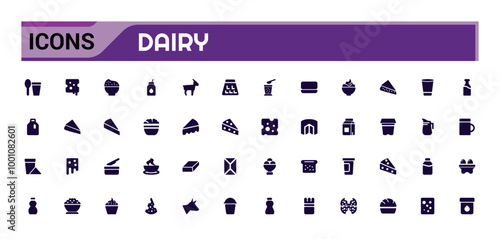 Dairy icons collection. Beverage flat set of dairy vector icons for ui design. Filled icon set, Solid icon pack. Vector illustration.