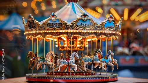 A toy carousel featuring well against a carnival background