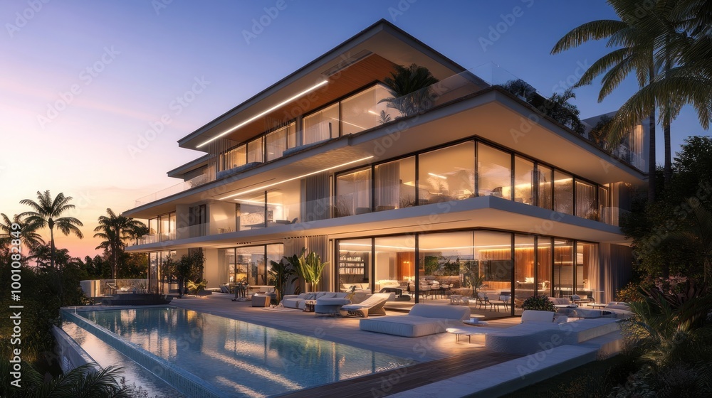 A modern luxury villa at sunset with a pool and tropical landscaping. A modern luxury villa at sunset with a pool and tropical landscaping.