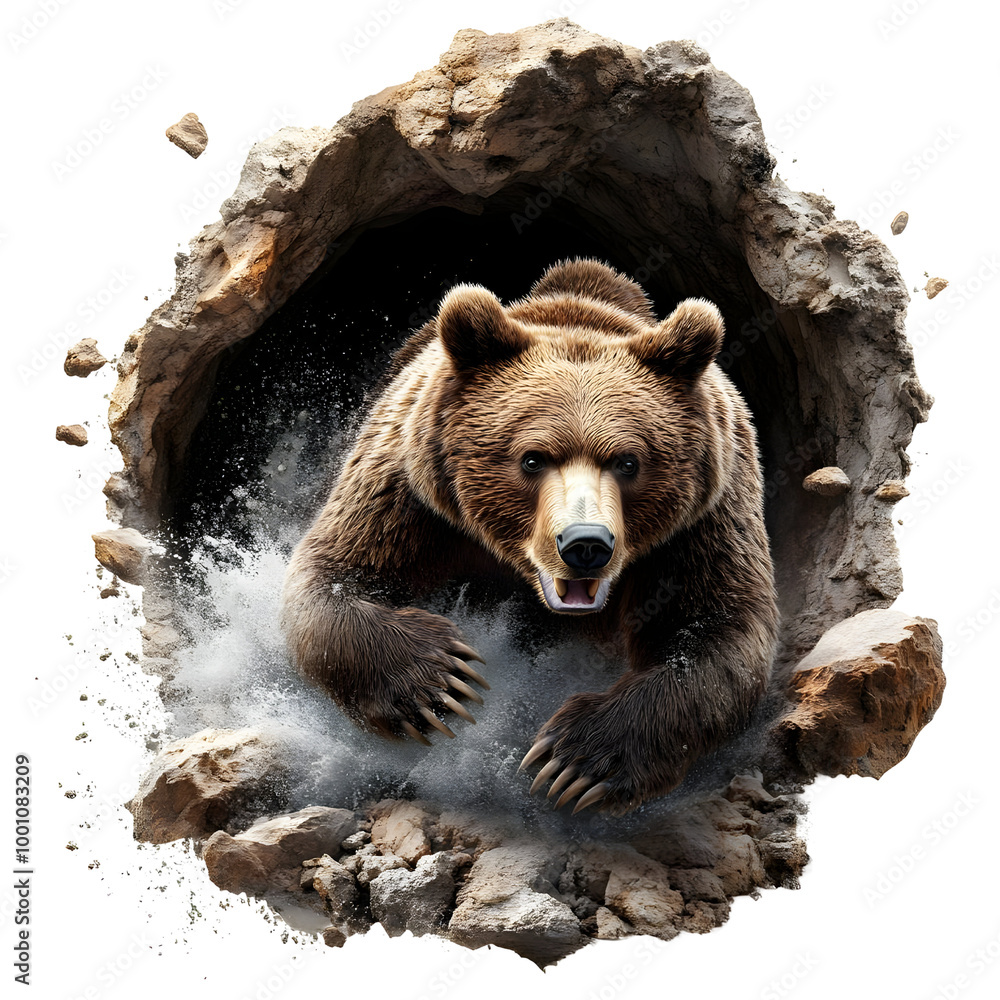 A powerful bear emerging from a cave, showcasing its strength and agility against a dynamic backdrop. A powerful bear emerging from a cave, showcasing its strength and agility against a dynamic backdrop.