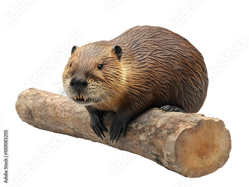 A beaver resting on a log, showcasing its distinctive fur and industrious nature. photo