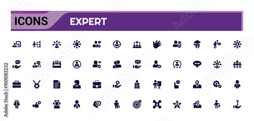 Expert icon collection. Competence, expertise, knowledge, skill, glyph set for web and ui. Filled icon pack, Solid icons set. Vector illustration.
