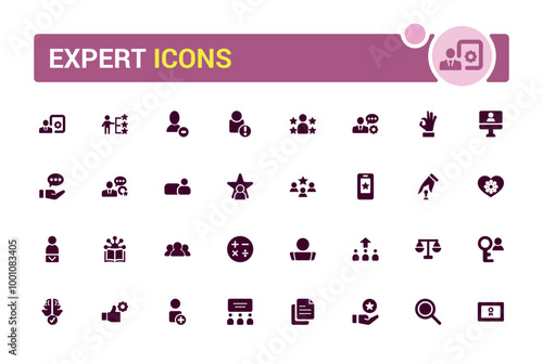 Expert icon collection. Competence, expertise, knowledge, skill, glyph set for web and ui. Filled icon pack, Solid icons set. Vector illustration.