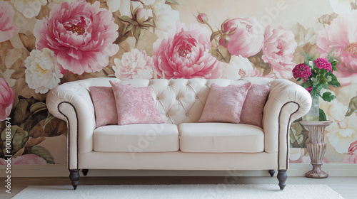 Floral wallpaper featuring modern flowers, with sofa in living room interior, cushion art and bloom peonies pink decor, in luxury cozy feminine home design