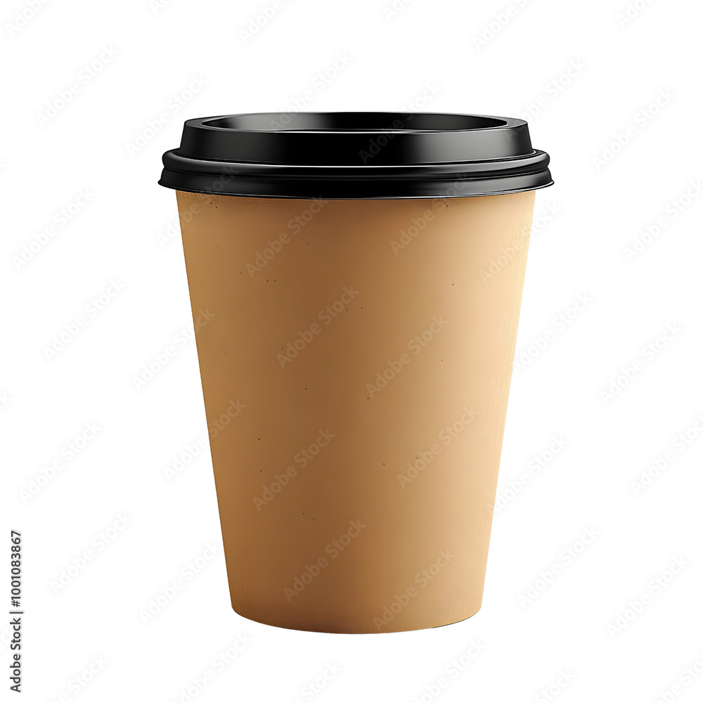 A disposable coffee cup with a black lid, isolated on a white background. A disposable coffee cup with a black lid, isolated on a white background.
