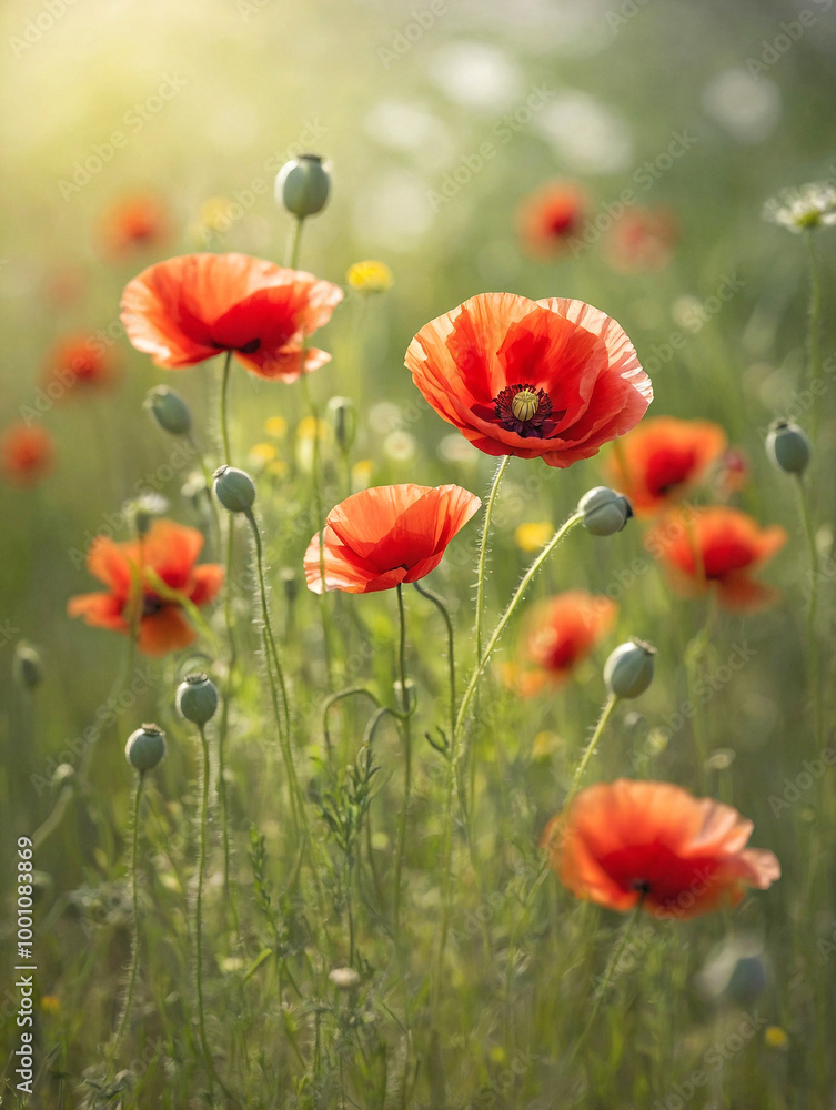 Fototapeta premium Wild Poppy Cluster in a Meadow with Dreamy Blurred Background
