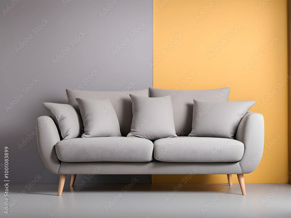 Modern cozy fabric sofa with a pillow on legs on yellow gray background Modern cozy fabric sofa with a pillow on legs on yellow gray background