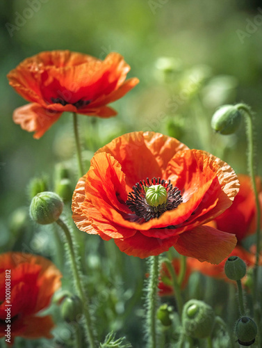 Wallpaper Mural Vibrant Red Poppy with a Soft Green Blurred Background Torontodigital.ca