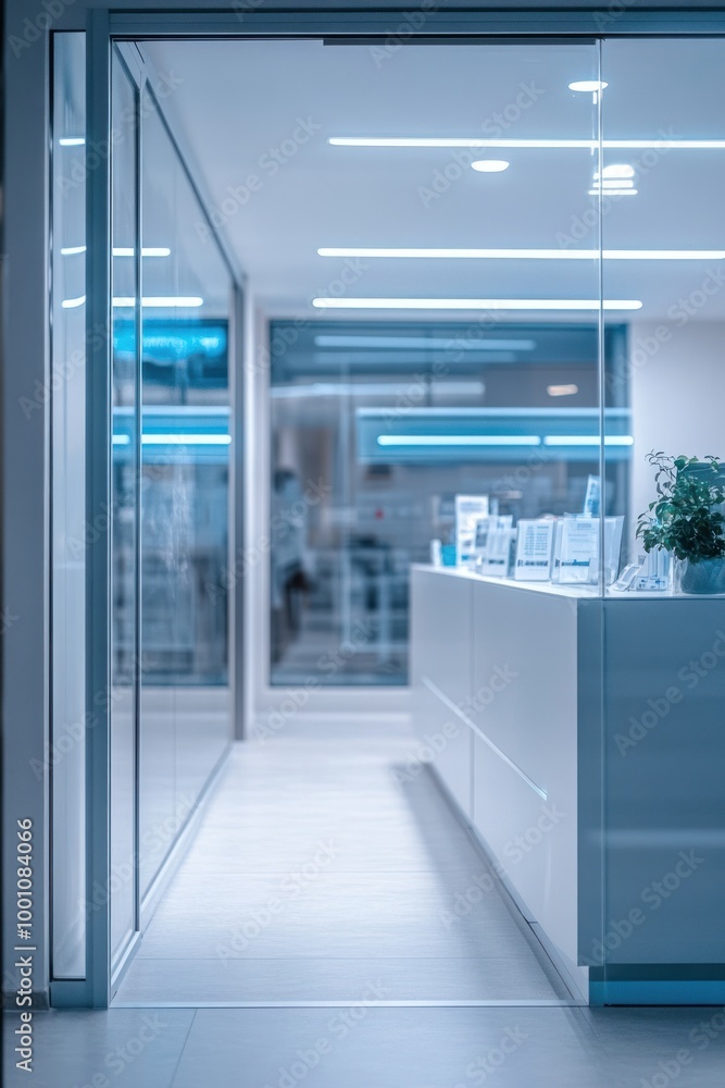 Modern office reception area with glass walls and bright lighting. Modern office reception area with glass walls and bright lighting.