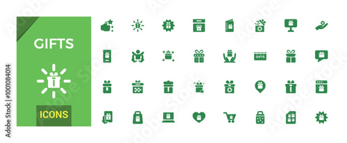 Set of gift filled icons, box, bow, surprise, glyph  collection for web and ui. Filled icon pack, Solid icon set. Vector illustration.