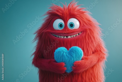 Cute and Fuzzy Cartoon Monster Holding a Heart