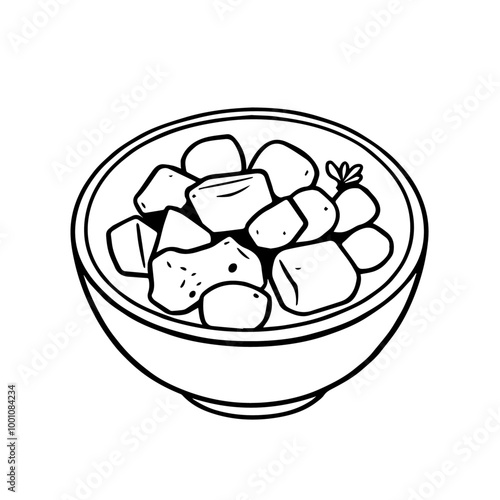 Hearty Beef Stew with Potatoes and Carrots – Black Outline Vector Illustration for Comfort Meals