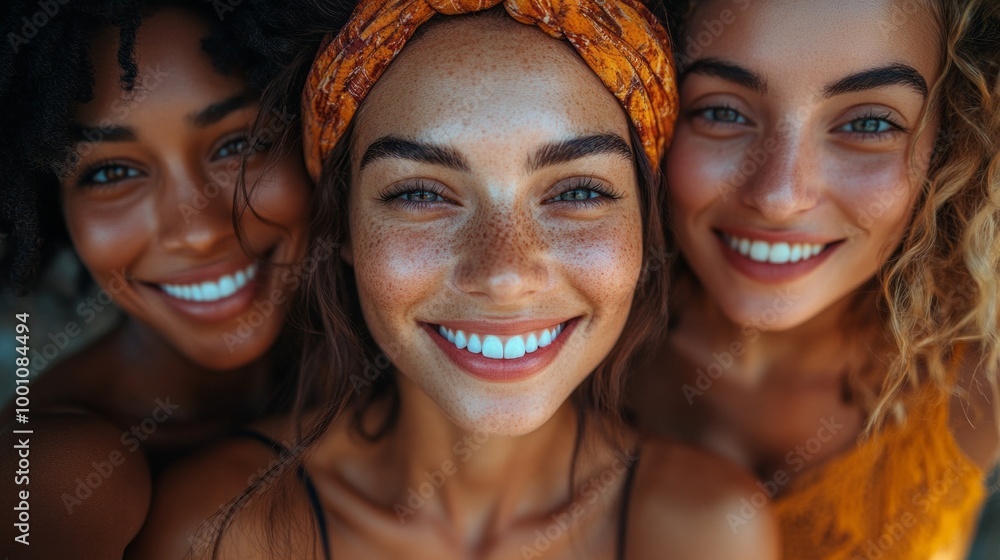 Three women with different skin tones are smiling and posing for a picture
