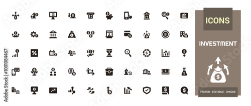 Investment icon collection. Related to investor, mutual fund, filled icons set, glyph for web and ui. Solid icons set. Vector illustration.