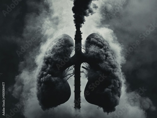 Abstract illustration of lungs in smoke, symbolizing lung cancer and tobacco effects, AI generated photo