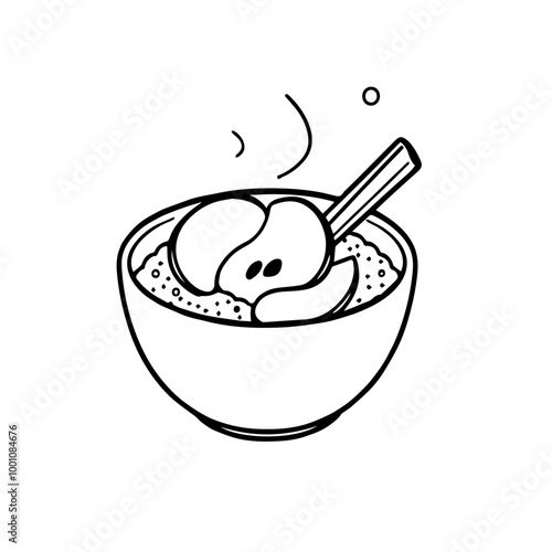 Steaming Oatmeal Bowl with Apple and Cinnamon – Comforting Breakfast Black Outline Vector Illustration