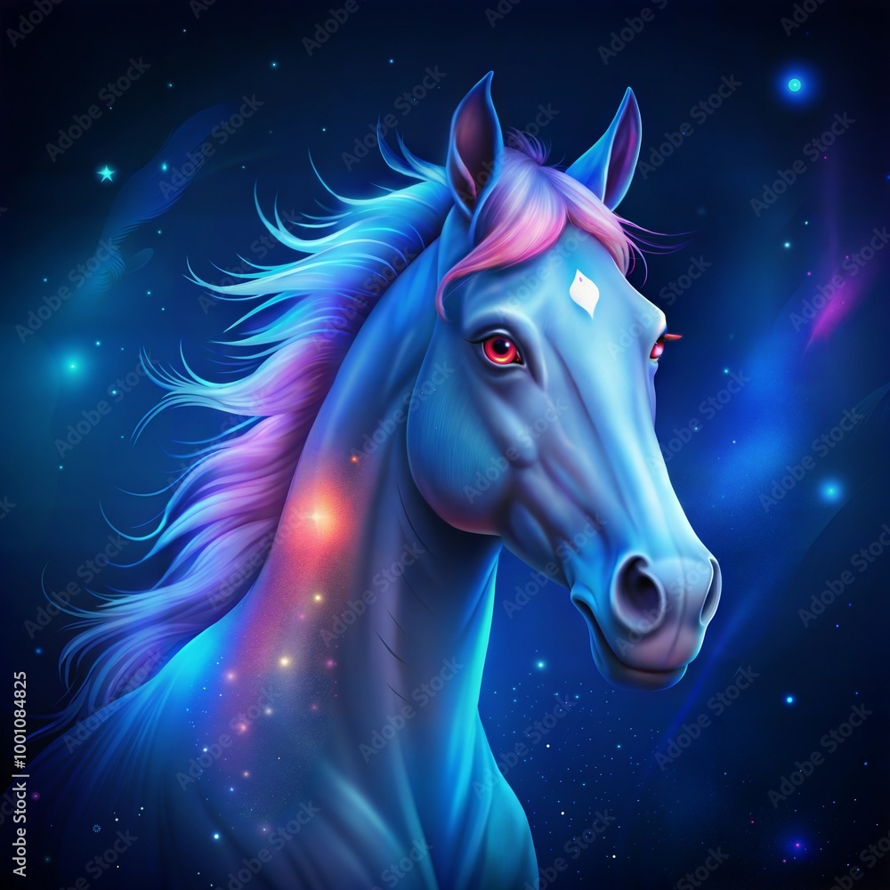 Majestic cartoon horse head with cosmic effects and a starry background for T-shirt print Majestic cartoon horse head with cosmic effects and a starry background for T-shirt print