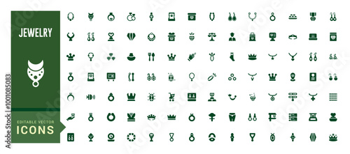 Set of jewelry icons collection. Simple solid art style icon pack. Filled glyph set for web and ui. Solid icons set. Vector illustration.