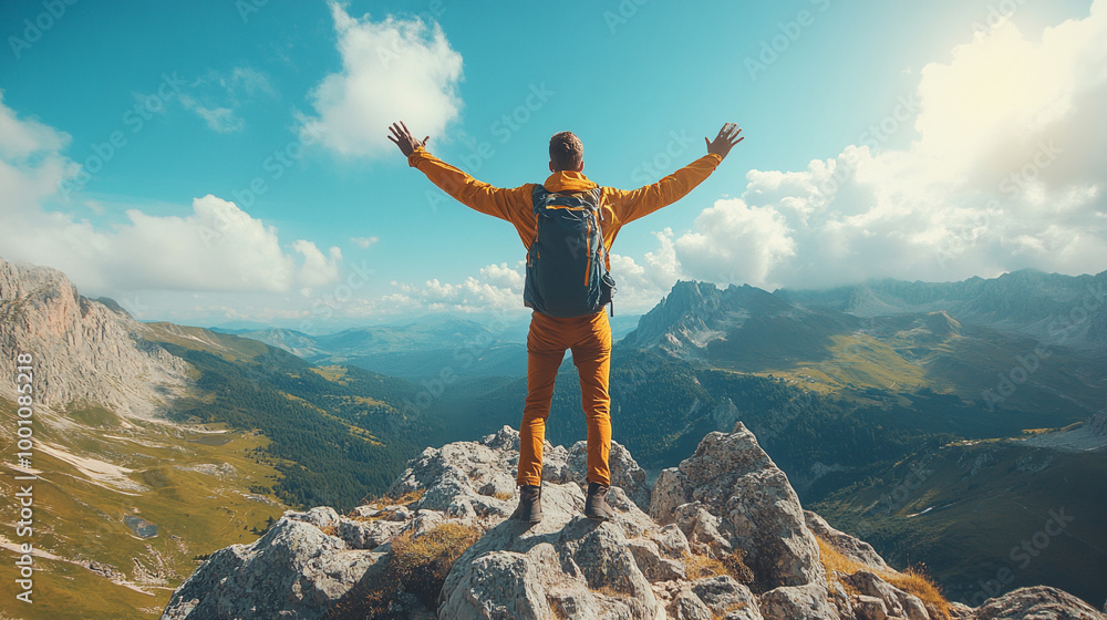 Man standing on the edge of a cliff, concept of achieving a goal Man standing on the edge of a cliff, concept of achieving a goal