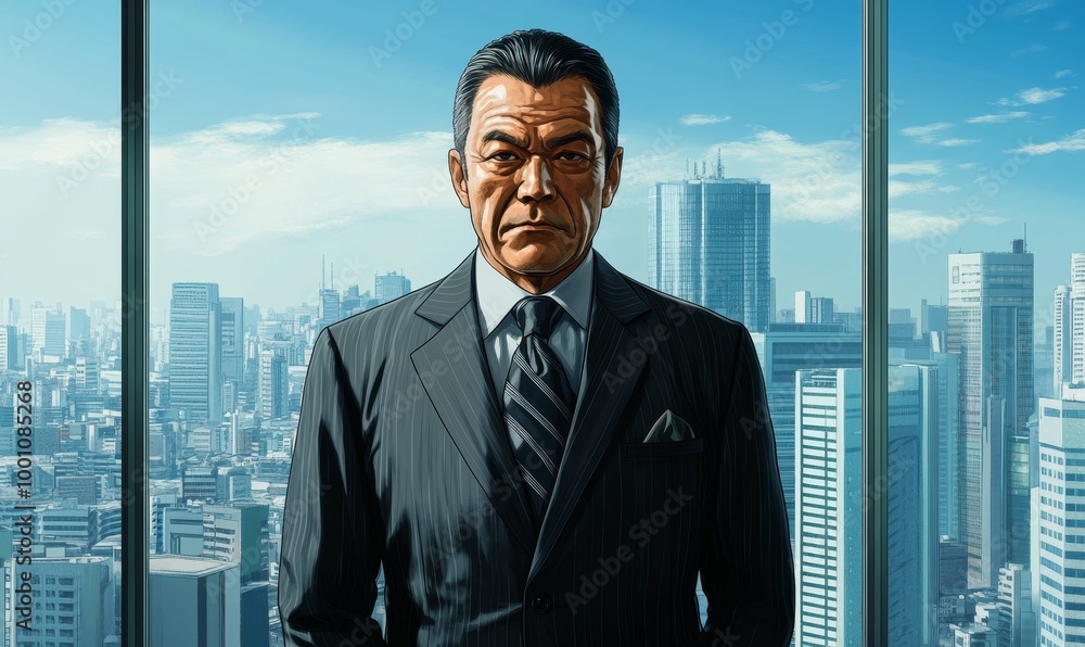Man in suit overlooking cityscape from window. Man in suit overlooking cityscape from window.