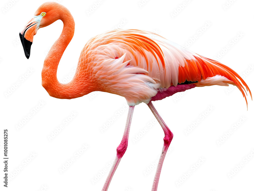 Obraz premium A vibrant flamingo elegantly standing, showcasing its stunning pink feathers against a white isolated background.