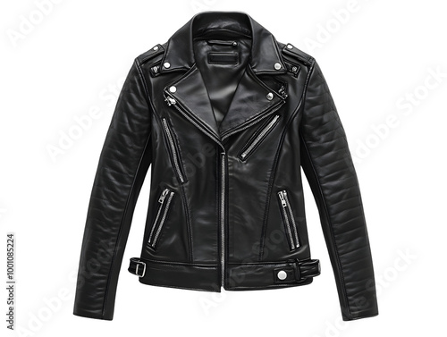 Stylish black leather biker jacket, front view, ideal for fashion and apparel promotion. photo