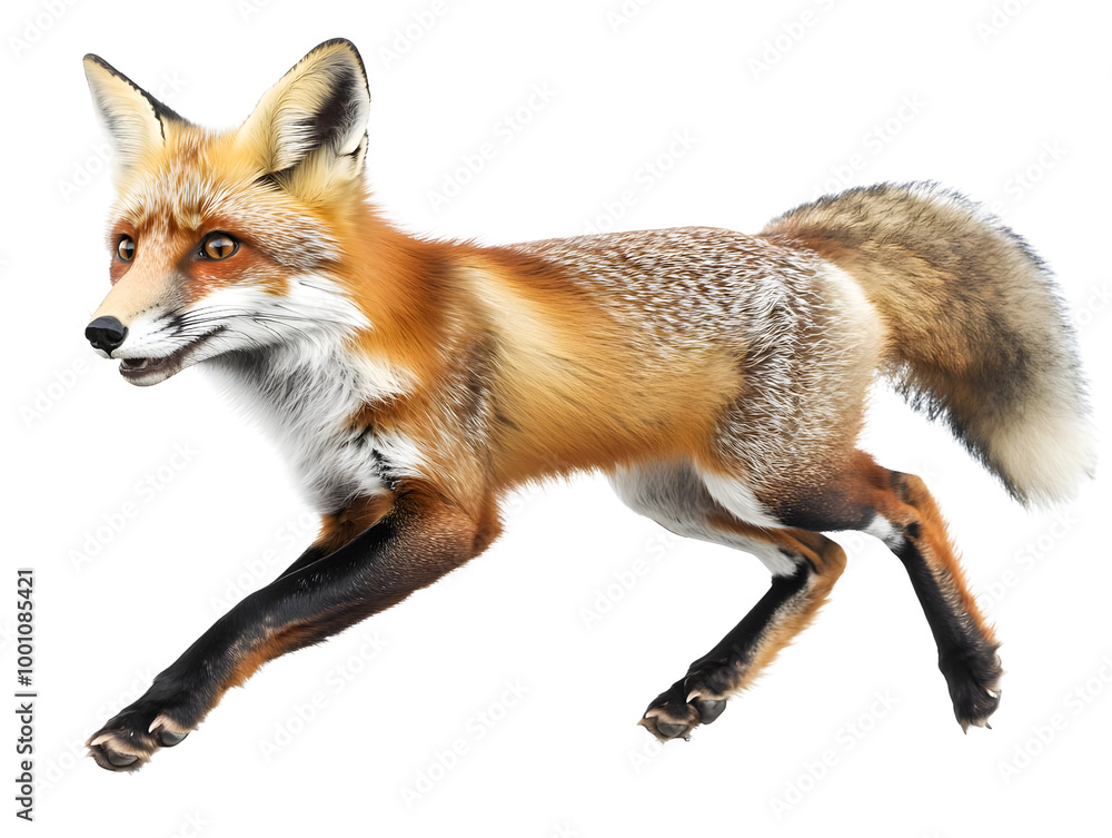 Obraz premium Furry red fox in motion, displaying vibrant colors and dynamic movement against a white isolated background.