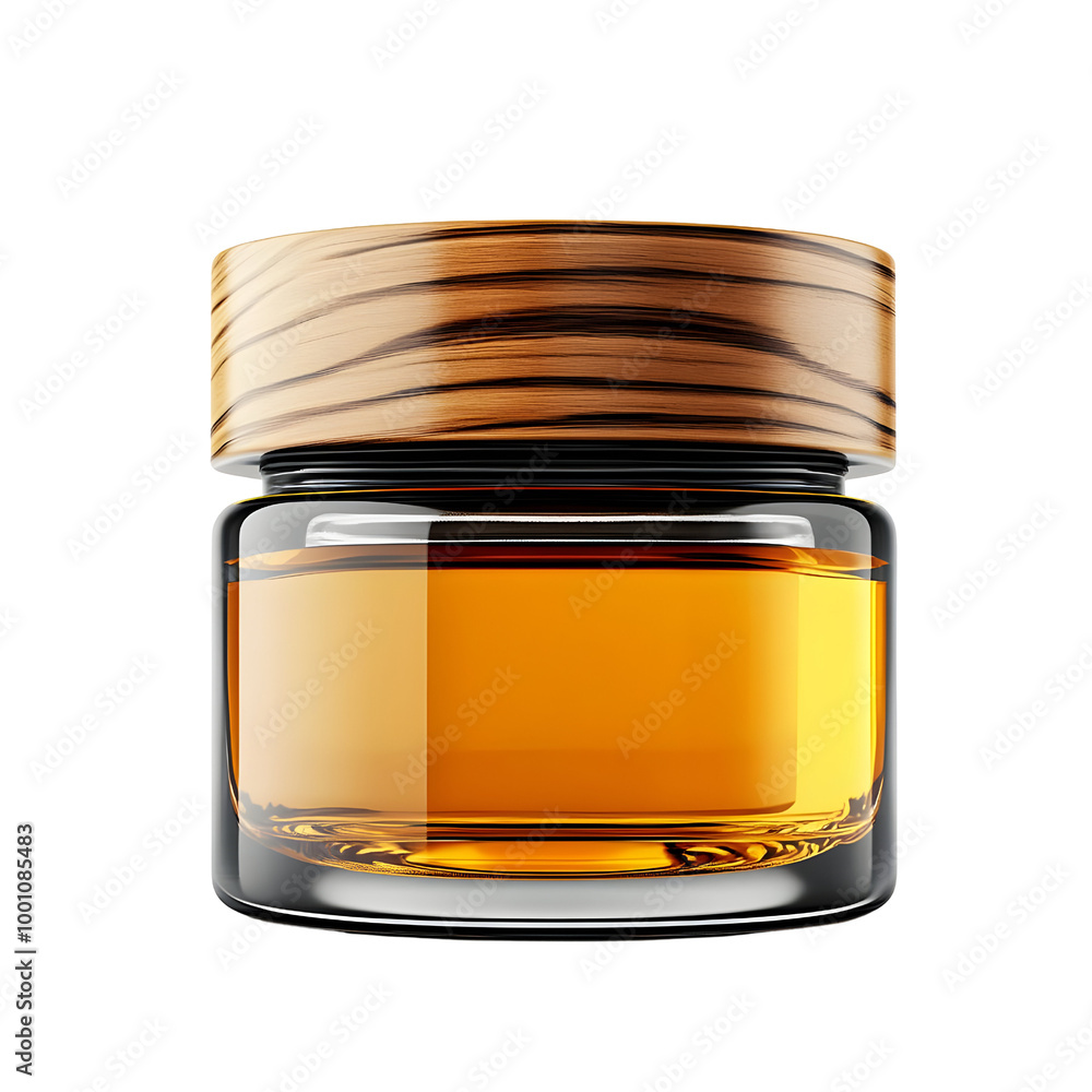A transparent glass jar filled with golden honey, featuring a wooden lid, isolated on a white background. A transparent glass jar filled with golden honey, featuring a wooden lid, isolated on a white background.
