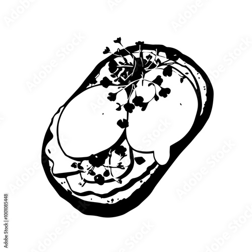 Avocado Toast with Poached Eggs and Microgreens – Stylish Brunch Option Black Outline Vector Illustration
