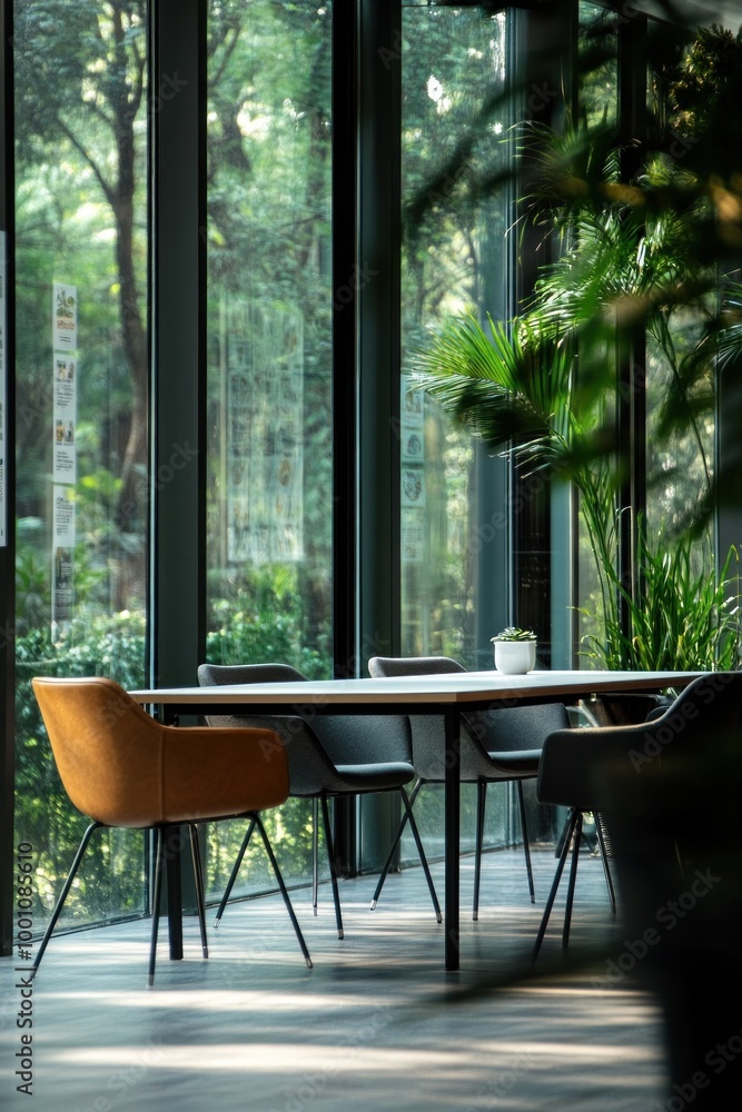 Fototapeta premium A modern workspace featuring a table and chairs surrounded by greenery and large windows.