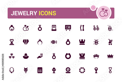 Set of jewelry icons collection. Simple solid art style icon pack. Filled glyph set for web and ui. Solid icons set. Vector illustration.