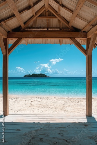 Tropical beach paradise with wooden gazebo