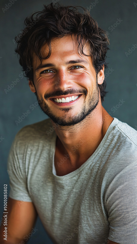 Confident young man happily showing off his white teeth in a casual t-shirt, smiling for the camera Confident young man happily showing off his white teeth in a casual t-shirt, smiling for the camera