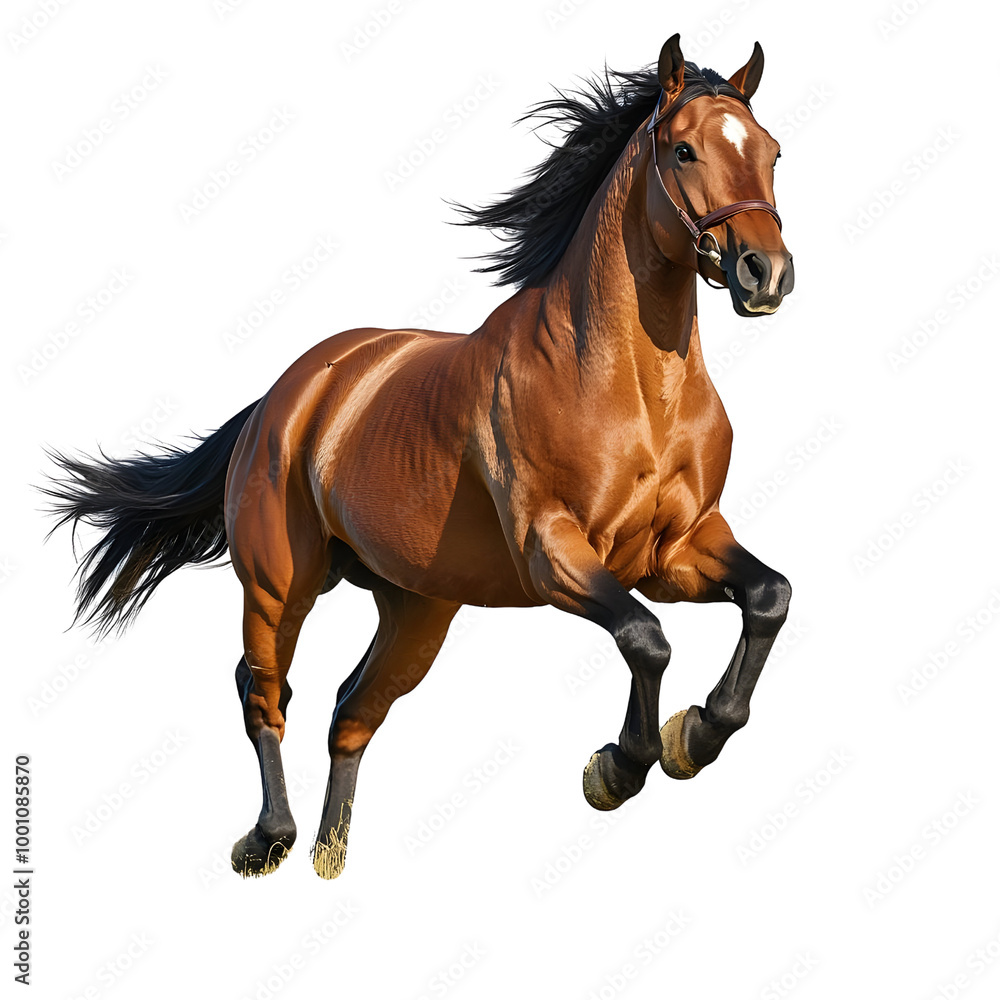 A spirited brown horse in mid-gallop, showcasing strength and grace against a white isolate background. A spirited brown horse in mid-gallop, showcasing strength and grace against a white isolate background.