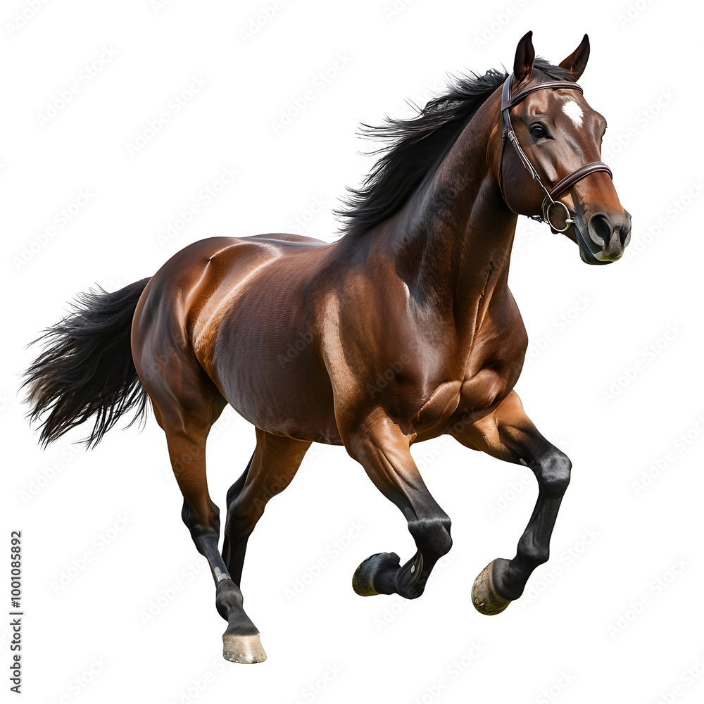 A majestic brown horse galloping gracefully, showcasing power and beauty against a white isolated background.
