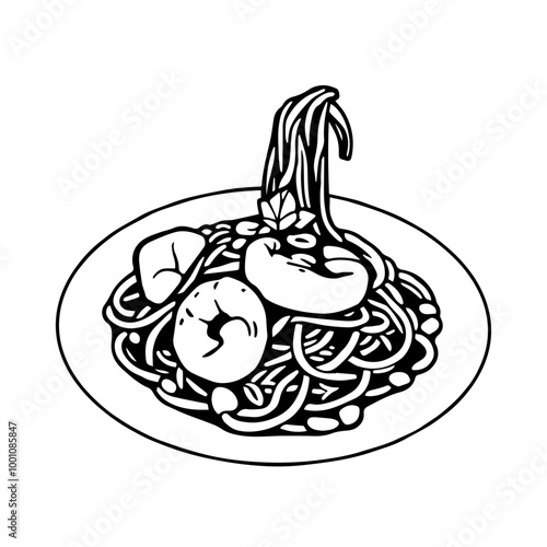 Pad Thai Plate with Shrimp and Peanuts – Exquisite Thai Cuisine Black Outline Vector Illustration