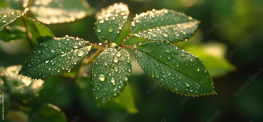 Close-up of dewy green leaves with water droplets in sunlight. Close-up of dewy green leaves with water droplets in sunlight.