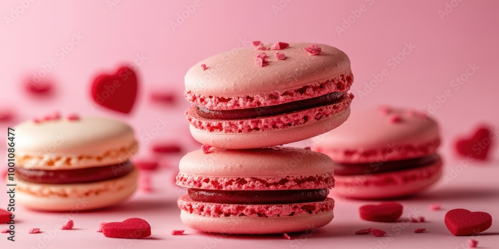 Fototapeta premium Delicious pink macarons with hearts