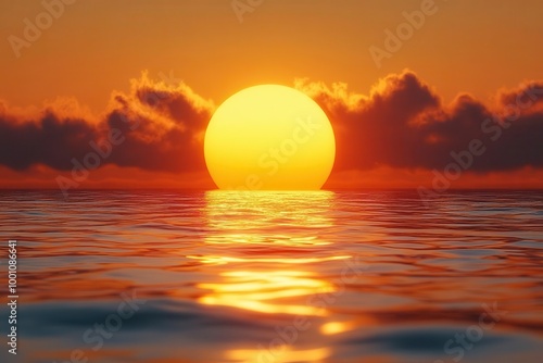 goldenhued sun rising above a tranquil lake casting warm reflections on the water with gentle waves and minimalistic vector style emphasizing serenity photo