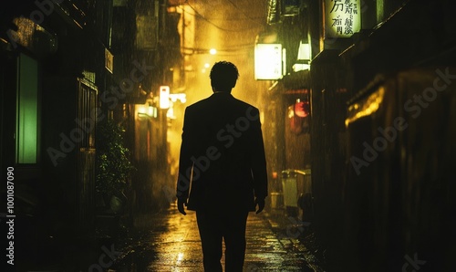 Man walking in a rainy alleyway at night. photo