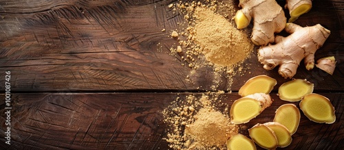 Ginger Root Sliced And Powder On Wooden Table View From Above photo