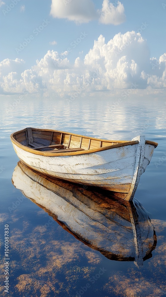 Solitude on the Water: A Wooden Boat Reflecting on a Calm Lake Solitude on the Water: A Wooden Boat Reflecting on a Calm Lake