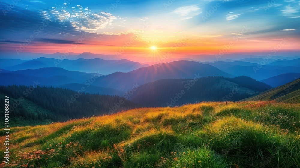 Beautiful sunset over a grassy hillside with a mountain in the background Beautiful sunset over a grassy hillside with a mountain in the background